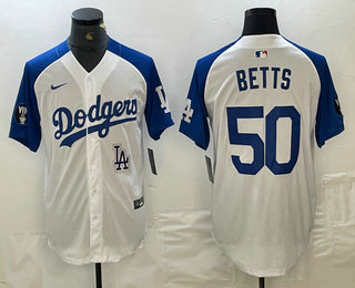 Men's Los Angeles Dodgers #50 Mookie Betts White Blue Fashion Stitched Cool Base Limited Jersey 12