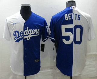 Men's Los Angeles Dodgers #50 Mookie Betts White Blue Split Cool Base Stitched Baseball Jersey