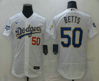 Men's Los Angeles Dodgers #50 Mookie Betts White Gold Championship Flex Base Sttiched MLB Jersey