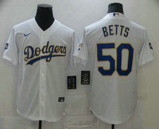 Men's Los Angeles Dodgers #50 Mookie Betts White Gold Championship Stitched MLB Cool Base Nike Jersey