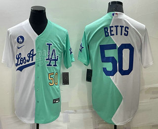 Men's Los Angeles Dodgers #50 Mookie Betts White Green Number 2022 Celebrity Softball Game Cool Base Jersey 02