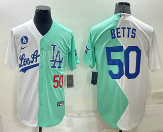 Men's Los Angeles Dodgers #50 Mookie Betts White Green Number 2022 Celebrity Softball Game Cool Base Jersey 03