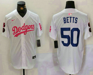 Men's Los Angeles Dodgers #50 Mookie Betts White Pink With Patch Limited Stitched Jersey