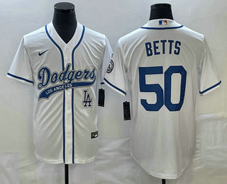 Men's Los Angeles Dodgers #50 Mookie Betts White With Patch Cool Base Stitched Baseball Jersey 01