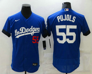 Men's Los Angeles Dodgers #55 Albert Pujols Blue 2021 City Connect Flex Base Stitched Jersey