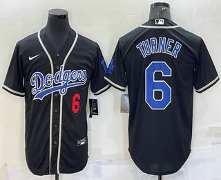 Men's Los Angeles Dodgers #6 Trea Turner Black Cool Base Stitched Baseball Jersey