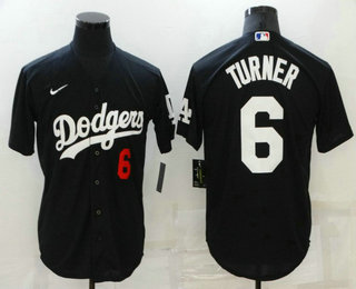 Men's Los Angeles Dodgers #6 Trea Turner Black Stitched Number MLB Cool Base Nike Jersey