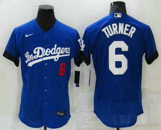 Men's Los Angeles Dodgers #6 Trea Turner Blue 2021 City Connect Flex Base Stitched Jersey