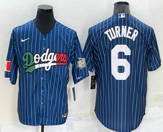 Men's Los Angeles Dodgers #6 Trea Turner Navy Blue Pinstripe 2020 World Series Cool Base Nike Jersey