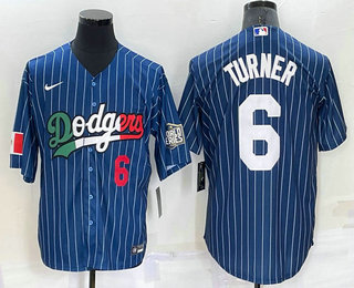 Men's Los Angeles Dodgers #6 Trea Turner Number Navy Blue Pinstripe 2020 World Series Cool Base Nike Jersey 01