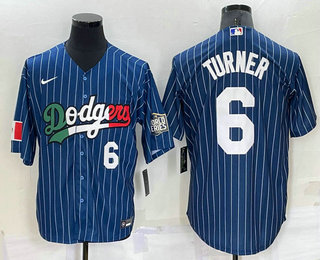 Men's Los Angeles Dodgers #6 Trea Turner Number Navy Blue Pinstripe 2020 World Series Cool Base Nike Jersey