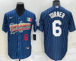 Men's Los Angeles Dodgers #6 Trea Turner Number Rainbow Blue Red Pinstripe Mexico Cool Base Nike Jersey 01