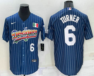 Men's Los Angeles Dodgers #6 Trea Turner Number Rainbow Blue Red Pinstripe Mexico Cool Base Nike Jersey