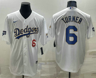 Men's Los Angeles Dodgers #6 Trea Turner Number White Gold Championship Stitched MLB Cool Base Nike Jersey