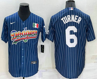 Men's Los Angeles Dodgers #6 Trea Turner Rainbow Blue Red Pinstripe Mexico Cool Base Nike Jersey