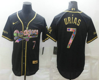 Men's Los Angeles Dodgers #7 Julio Urias Black Iridescent Logo Stitched MLB Cool Base Nike Jersey