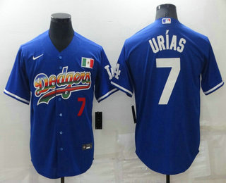 Men's Los Angeles Dodgers #7 Julio Urias Blue With Red Stitched MLB Cool Base Nike Fashion Jersey