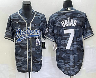 Men's Los Angeles Dodgers #7 Julio Urias Gray Camo Cool Base With Patch Stitched Baseball Jersey 02