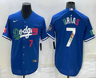 Men's Los Angeles Dodgers #7 Julio Urias Mexico Number Blue Cool Base Stitched Baseball Jersey