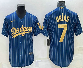 Men's Los Angeles Dodgers #7 Julio Urias Navy Blue Gold Pinstripe Stitched MLB Cool Base Nike Jersey