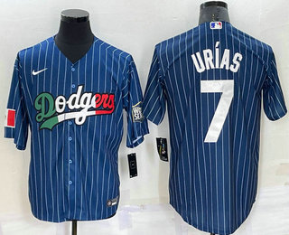 Men's Los Angeles Dodgers #7 Julio Urias Navy Blue Pinstripe 2020 World Series Cool Base Nike Jersey