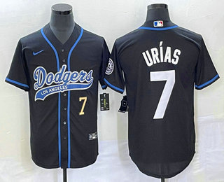 Men's Los Angeles Dodgers #7 Julio Urias Number Black With Patch Cool Base Stitched Baseball Jersey 01