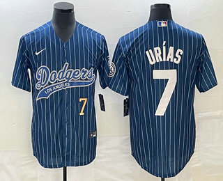 Men's Los Angeles Dodgers #7 Julio Urias Number Blue Pinstripe Cool Base Stitched Baseball Jersey