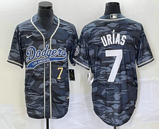 Men's Los Angeles Dodgers #7 Julio Urias Number Gray Camo Cool Base With Patch Stitched Baseball Jersey 01