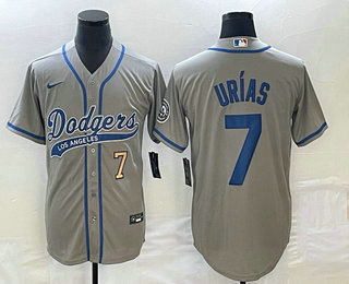 Men's Los Angeles Dodgers #7 Julio Urias Number Grey With Patch Cool Base Stitched Baseball Jersey 01