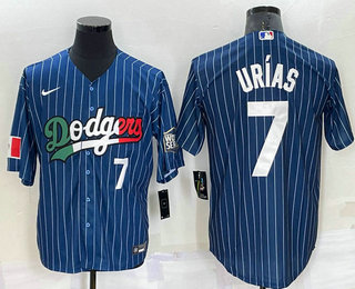 Men's Los Angeles Dodgers #7 Julio Urias Number Navy Blue Pinstripe 2020 World Series Cool Base Nike Jersey 01