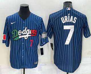 Men's Los Angeles Dodgers #7 Julio Urias Number Navy Blue Pinstripe 2020 World Series Cool Base Nike Jersey