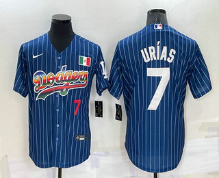 Men's Los Angeles Dodgers #7 Julio Urias Number Rainbow Blue Red Pinstripe Mexico Cool Base Nike Jersey 01