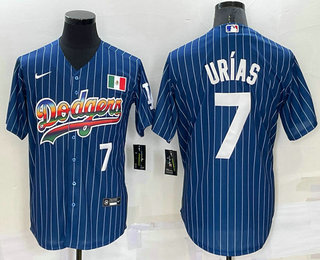 Men's Los Angeles Dodgers #7 Julio Urias Number Rainbow Navy Blue Pinstripe Mexico Cool Base Nike Jersey