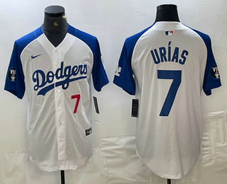 Men's Los Angeles Dodgers #7 Julio Urias Number White Blue Fashion Stitched Cool Base Limited Jersey 11