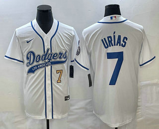 Men's Los Angeles Dodgers #7 Julio Urias Number White With Patch Cool Base Stitched Baseball Jersey 01