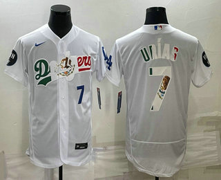 Men's Los Angeles Dodgers #7 Julio Urias Number White With Vin Scully Patch Flex Base Stitched Baseball Jersey 02