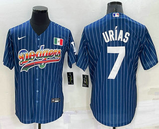 Men's Los Angeles Dodgers #7 Julio Urias Rainbow Navy Blue Pinstripe Mexico Cool Base Nike Jersey