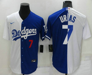 Men's Los Angeles Dodgers #7 Julio Urias White Blue Number Split Cool Base Stitched Baseball Jersey