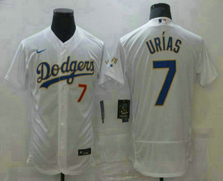 Men's Los Angeles Dodgers #7 Julio Urias White Gold Championship Flex Base Sttiched MLB Jersey