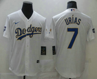 Men's Los Angeles Dodgers #7 Julio Urias White Gold Championship Stitched MLB Cool Base Nike Jersey