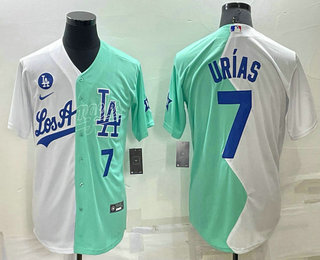 Men's Los Angeles Dodgers #7 Julio Urias White Green Number 2022 Celebrity Softball Game Cool Base Jersey 01