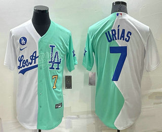 Men's Los Angeles Dodgers #7 Julio Urias White Green Number 2022 Celebrity Softball Game Cool Base Jersey 02