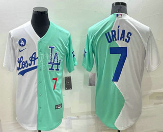 Men's Los Angeles Dodgers #7 Julio Urias White Green Number 2022 Celebrity Softball Game Cool Base Jersey 03