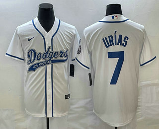 Men's Los Angeles Dodgers #7 Julio Urias White With Patch Cool Base Stitched Baseball Jersey 01