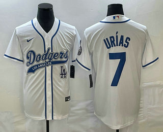 Men's Los Angeles Dodgers #7 Julio Urias White With Patch Cool Base Stitched Baseball Jersey 02