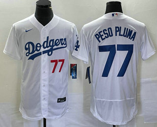 Men's Los Angeles Dodgers #77 Peso Pluma Number White Stitched Flex Base Nike Jersey