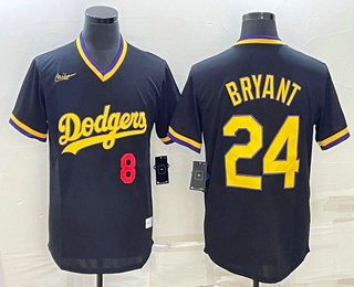 Men's Los Angeles Dodgers #8 #24 Kobe Bryant Number Black Stitched Pullover Throwback Nike Jersey 01