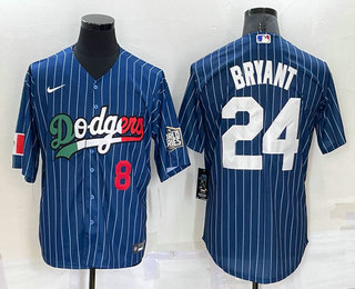 Men's Los Angeles Dodgers #8 #24 Kobe Bryant Number Navy Blue Pinstripe 2020 World Series Cool Base Nike Jersey 01