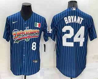 Men's Los Angeles Dodgers #8 #24 Kobe Bryant Number Rainbow Blue Red Pinstripe Mexico Cool Base Nike Jersey 01