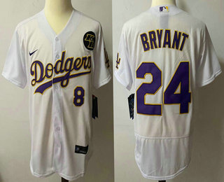 Men's Los Angeles Dodgers #8 #24 Kobe Bryant White With Purple Name KB Patch Stitched MLB Flex Base Nike Jersey